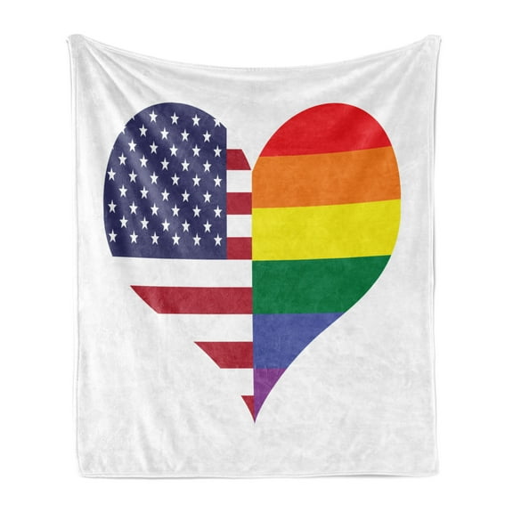 Pride Soft Flannel Fleece Throw Blanket, Heart with Half Old Glory Half and Rainbow Flag American Society Gender Equality, Cozy Plush for Indoor and Outdoor Use, 60" x 80", Multicolor, by Ambesonne