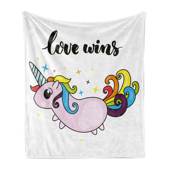 Pride Soft Flannel Fleece Throw Blanket, LGBT Slogan Writing Unicorn Mascot Character Rainbow Tail, Cozy Plush for Indoor and Outdoor Use, 60" x 80", Multicolor, by Ambesonne