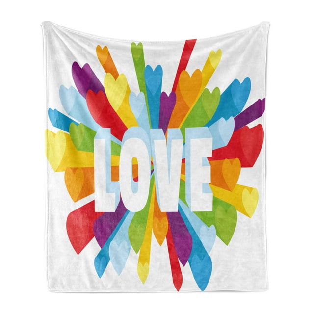 Pride Soft Flannel Fleece Throw Blanket, Love Burst with Little Colorful Hearts and Word LGBT Gay Lesbian Romance Theme, Cozy Plush for Indoor and Outdoor Use, 50" x 70", Multicolor, by Ambesonne