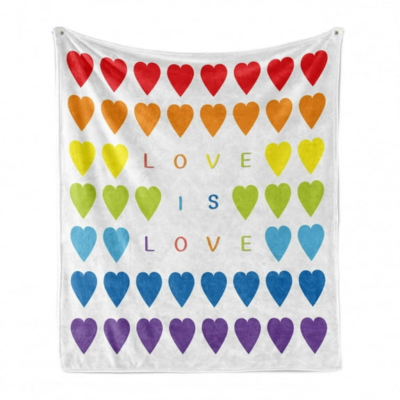 Pride Soft Flannel Fleece Throw Blanket, Love is Love Typography and Rainbow Toned Hearts Valentines Passion Queer Gay, Cozy Plush for Indoor and Outdoor Use, 70" x 90", Multicolor, by Ambesonne