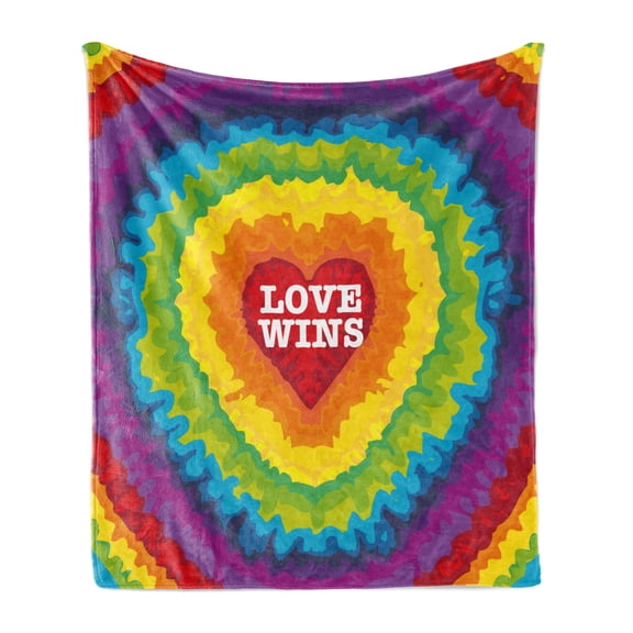 Pride Soft Flannel Fleece Throw Blanket, Love Wins Celebration Tie Dye Digital Print Backdrop and Rainbow Colors Happiness, Cozy Plush for Indoor and Outdoor Use, 50" x 70", Multicolor, by Ambesonne