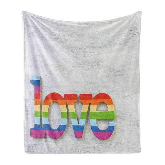Pride Soft Flannel Fleece Throw Blanket, Rainbow Colored Love Sign on Wooden Backdrop LGBT Homosexuality Community Culture, Cozy Plush for Indoor and Outdoor Use, 50" x 70", Multicolor, by Ambesonne