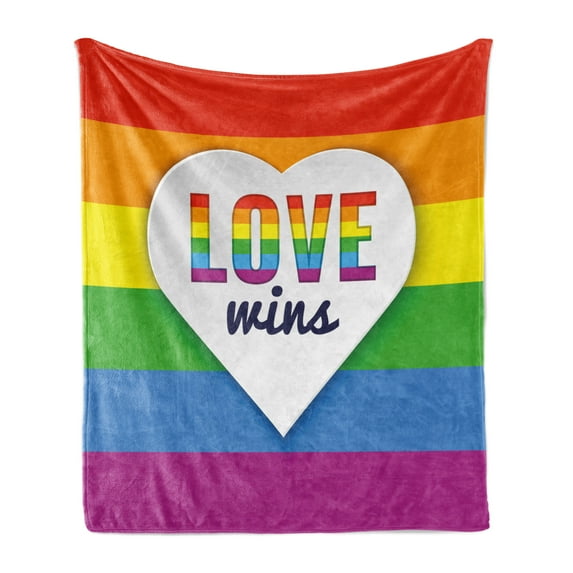 Pride Soft Flannel Fleece Throw Blanket, Rainbow Flag with Stripes Heart with Love Wins Text LGBT Culture Colorful, Cozy Plush for Indoor and Outdoor Use, 60" x 80", Multicolor, by Ambesonne