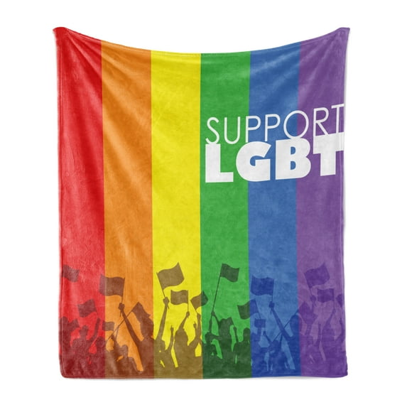 Pride Soft Flannel Fleece Throw Blanket, Support LGBT Calligraphy with Celebration Theme Crowd People Silhouette with Flags, Cozy Plush for Indoor and Outdoor Use, 50" x 70", Multicolor, by Ambesonne