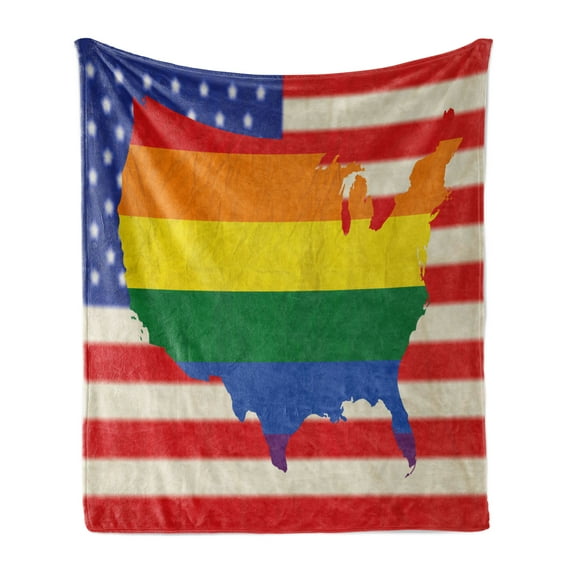 Pride Soft Flannel Fleece Throw Blanket, USA American Flag with Rainbow Gay Marriage Nationwide Rights and Equality Theme, Cozy Plush for Indoor and Outdoor Use, 60" x 80", Multicolor, by Ambesonne