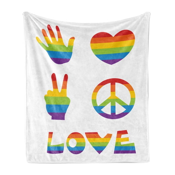 Pride Soft Flannel Fleece Throw Blanket, Various in Rainbow Colors Peace Hand Signs Heart Shape Gay Community, Cozy Plush for Indoor and Outdoor Use, 50" x 60", Multicolor, by Ambesonne