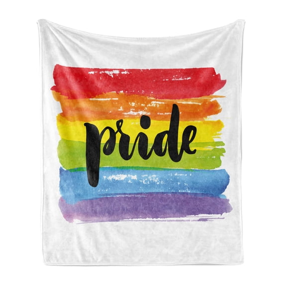 Pride Soft Flannel Fleece Throw Blanket, Watercolor Artwork with Rainbow Brush Strokes of Gay Pride Hand Writing Print, Cozy Plush for Indoor and Outdoor Use, 50" x 60", Multicolor, by Ambesonne