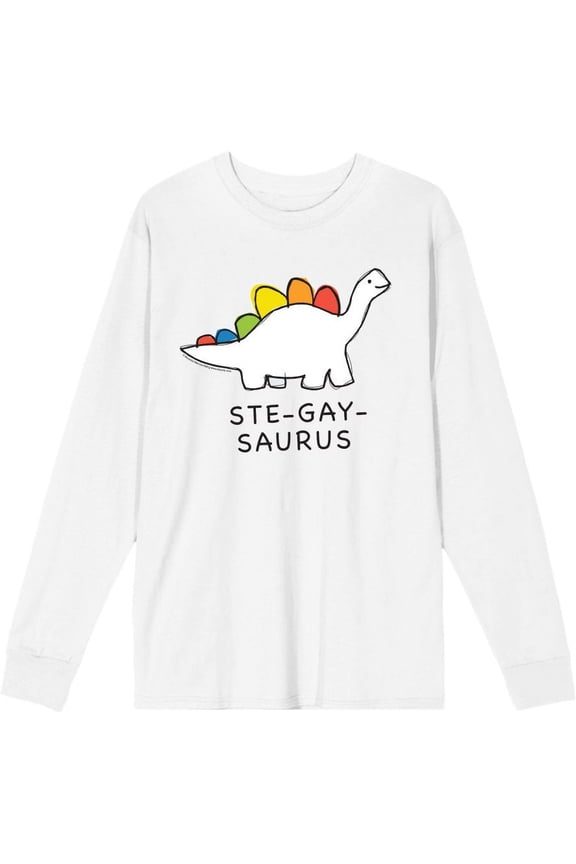 Pride Ste-Gay-Saurus Adult White Crew Neck Long Sleeve Tee-Small