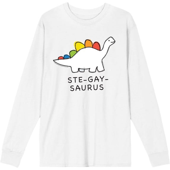 Pride Ste-Gay-Saurus Adult White Crew Neck Long Sleeve Tee-Small