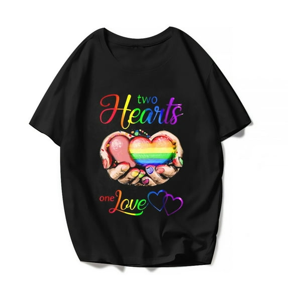 Pride T-Shirt LGBTQ Gay Lestian Two Hearts One Love Quotes Rainbow Tops Gift Women Men Graphics Party Casual Crew Neck Shirts Tee Black Small