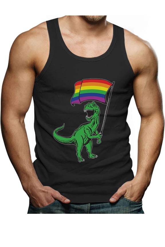 Pride Tank Top for Men - Trex with Gay American Flag Design - Perfect LGBTQ Supportive Gift - Comfortable Rainbow Mens Singlet Large Black