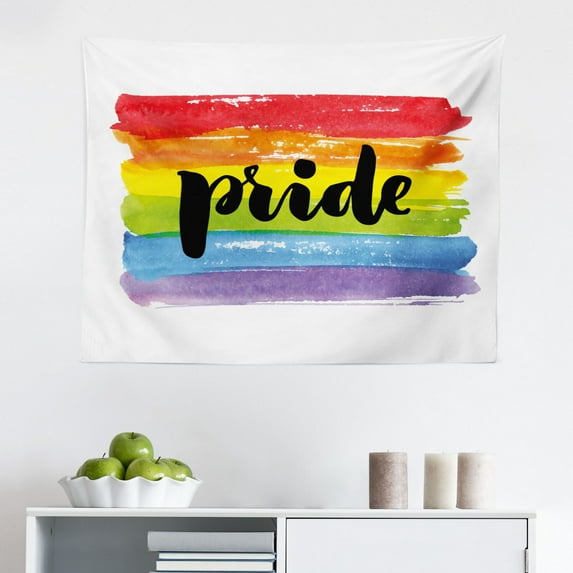 Pride Tapestry, Hands of Young Men Put Together on Abstract LGBT Parade Flag Love Wins Gay Partners, Fabric Wall Hanging Decor for Bedroom Living Room Dorm, 2 Sizes, Multicolor, by Ambesonne