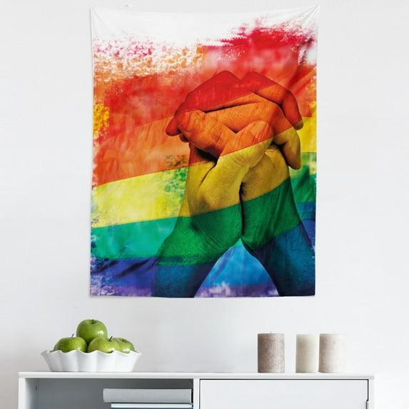 Pride Tapestry, Hands of Young Men Put Together on Abstract LGBT Parade Flag Love Wins Gay Partners, Fabric Wall Hanging Decor for Bedroom Living Room Dorm, 5 Sizes, Multicolor, by Ambesonne