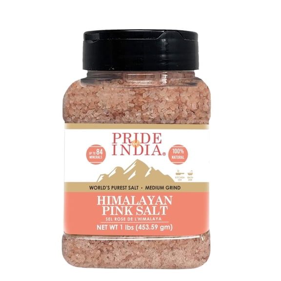 Pride Of India Himalayan Pink Salt 1 lb Jar, Medium Grind 2-3mm, Natural, Ideal for Cooking & Bath