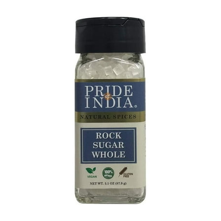 Pride Of India - Natural Crystal Rock Sugar Whole- 3.1 oz (88 gm) Dual Sifter Jar, Authentic Indian Sugar Crystals, Used to Sweeten Milk