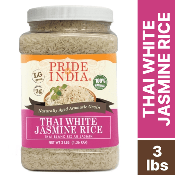 Pride of India - Thai White Jasmine Rice - Fragrant Hom Mali Rice, 3 lbs Jar