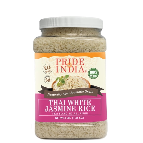 Pride of India - Thai White Jasmine Rice - Fragrant Hom Mali Rice, 3 lbs Jar
