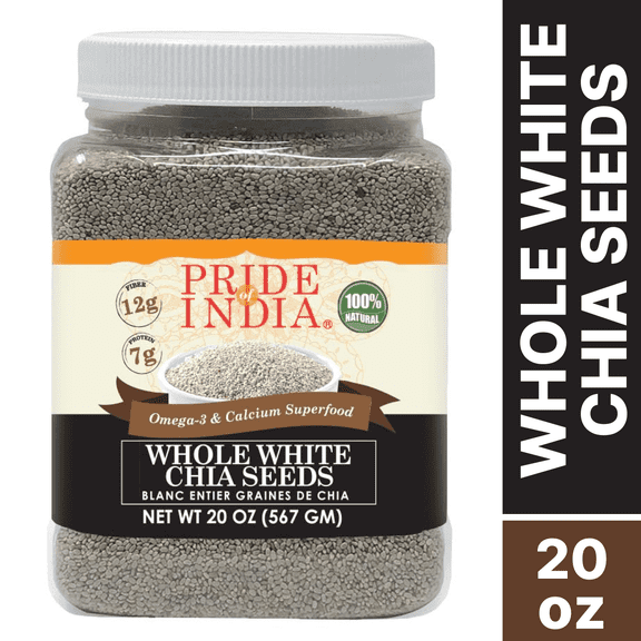 Pride Of India - Whole White Chia Seeds Raw Natural - 1.25 Pound (20 Oz) Jar - Omega-3 And Calcium Superfood - Great In Smoothies, Yogurt, Baking, Cereal, Cookies, Breakfast And More