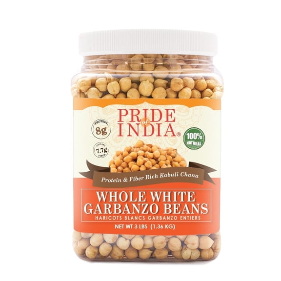 Pride Of India | Indian Whole White Garbanzo Beans 3 Pound (1.3 kg) Jar | Protein & Fiber Rich Kabuli Chana | Prepare Hummus, Snacks, Wraps, Salad, Soup & Curry | All Natural, Vegan, Gluten Free, Non