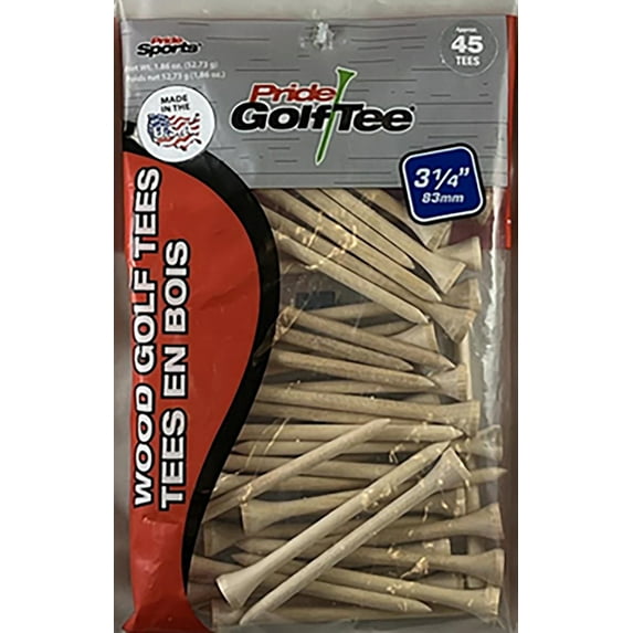 PrideSports 3.25” Natural Hardwood Golf Tees – Durable Wood Tees for Oversized Drivers, 45 Count