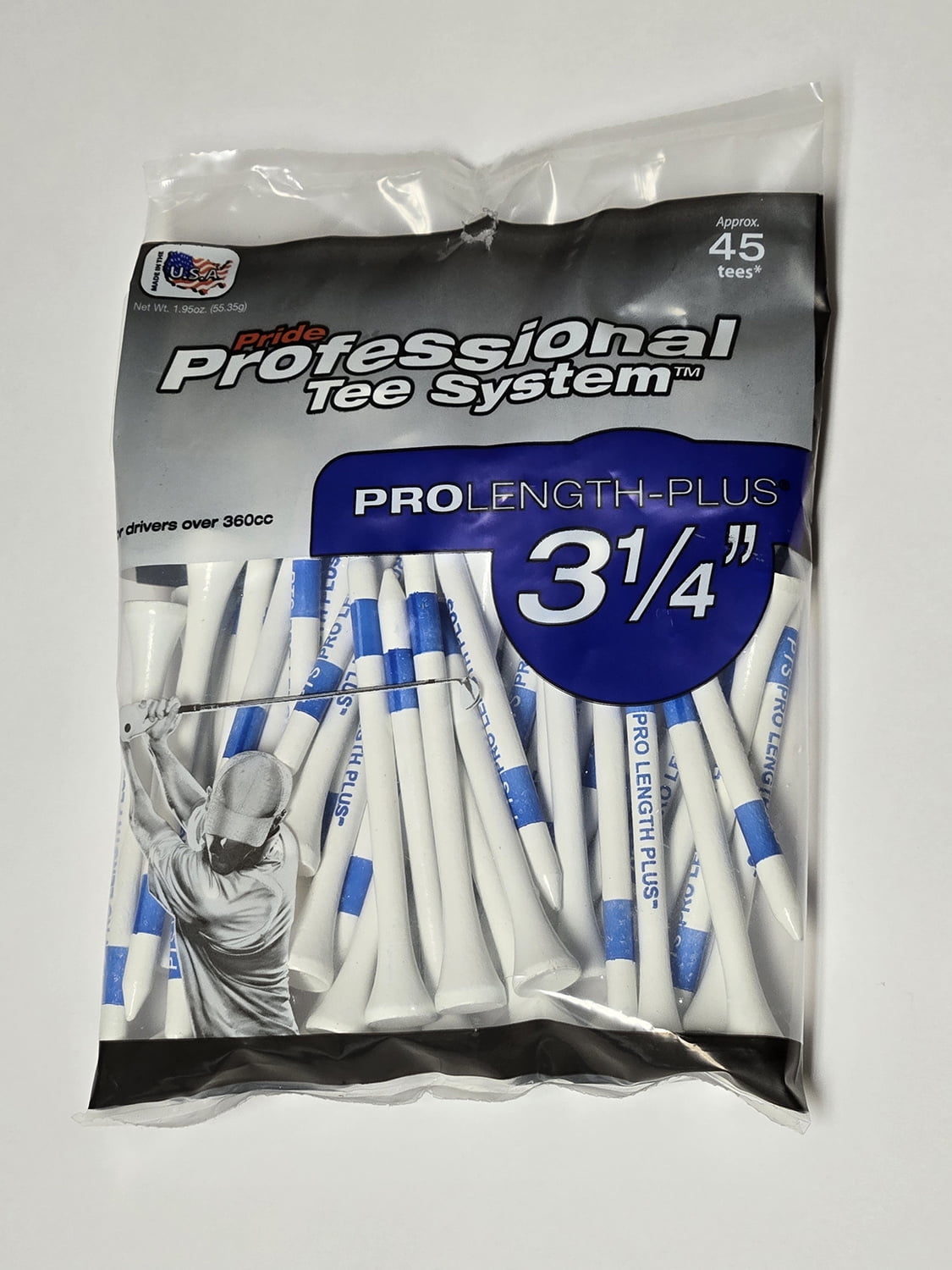PrideSports 3-1/4" White Golf Tees, 45-Count, Pride PTS, Wood Tees for Driver & 3-Wood