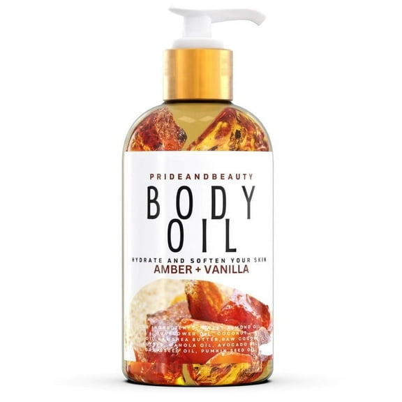Prideandbeauty Body Oil, Amber Vanilla, After Shower Moisturizer, Deep Hydration, Lightweight, 4 fl oz