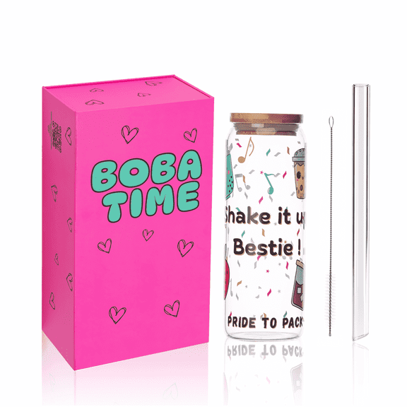PridetoPack Boba Lab Glass Cup Set, 24oz Mason Jar with Bamboo Lid, Glass Boba Straw and Gift Box