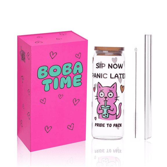 PridetoPack Boba Lab Glass Cup Set, 24oz Mason Jar with Bamboo Lid, Glass Boba Straw & Gift Box