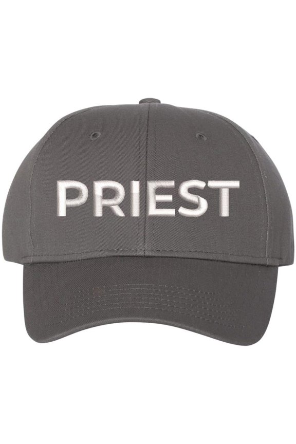 Priest Embroidered Baseball Cap | Text Father Pastor Leader Group Church Trip Structured Cap (Chacoal/White)