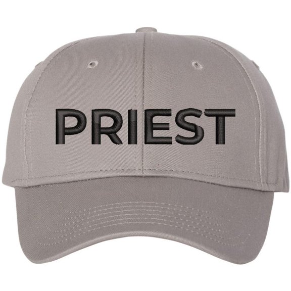 Priest Embroidered Baseball Cap | Text Father Pastor Leader Group Church Trip Structured Cap (Grey/Black)