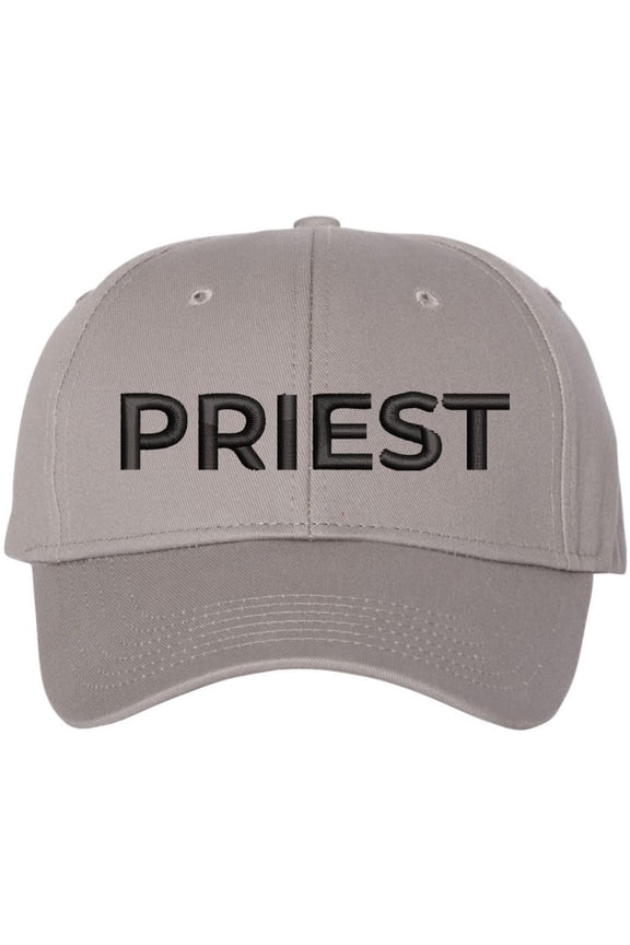 Priest Embroidered Baseball Cap | Text Father Pastor Leader Group Church Trip Structured Cap (Grey/Black)