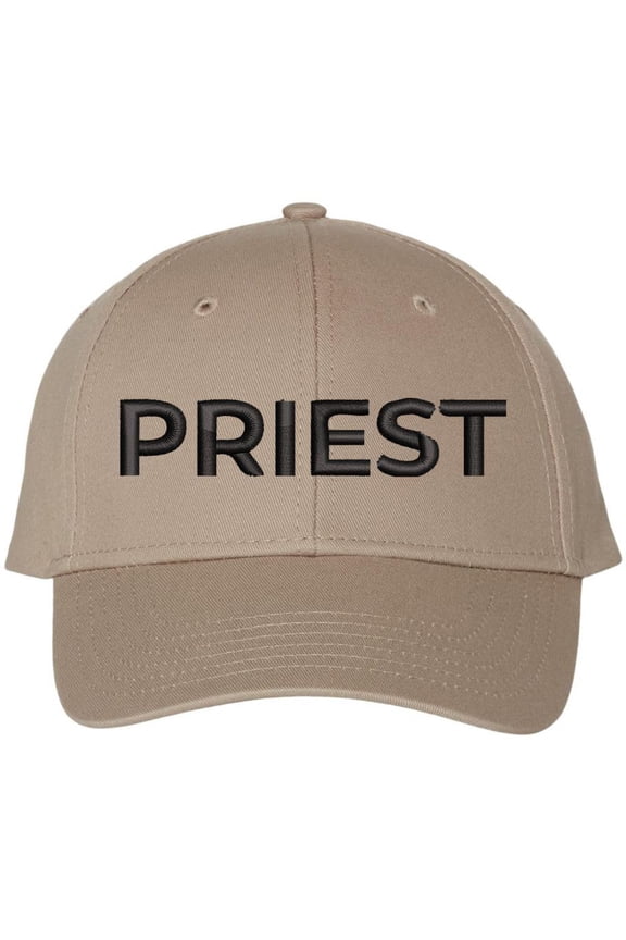 Priest Embroidered Baseball Cap | Text Father Pastor Leader Group Church Trip Structured Cap (Khaki/Black)
