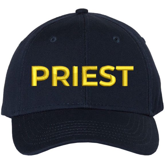 Priest Embroidered Baseball Cap | Text Father Pastor Leader Group Church Trip Structured Cap (Navy/Gold)