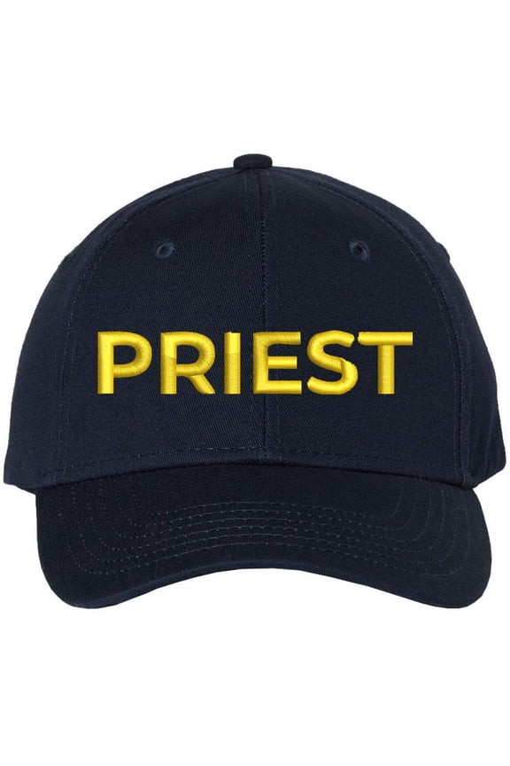 Priest Embroidered Baseball Cap | Text Father Pastor Leader Group Church Trip Structured Cap (Navy/Gold)