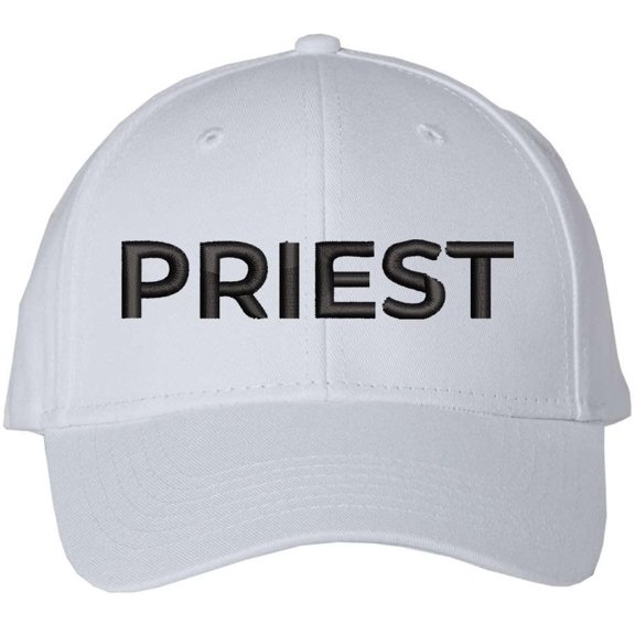 Priest Embroidered Baseball Cap | Text Father Pastor Leader Group Church Trip Structured Cap (White/Black)