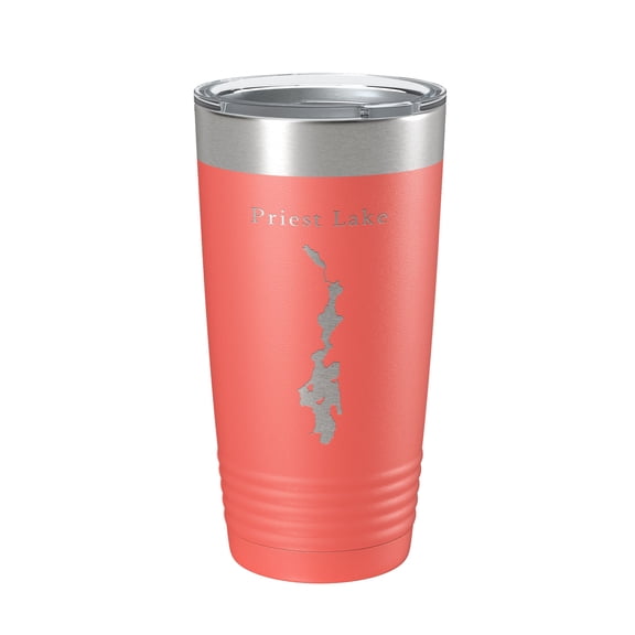 Priest Lake Map Tumbler Travel Mug Insulated Laser Engraved Coffee Cup Idaho 20 oz Coral