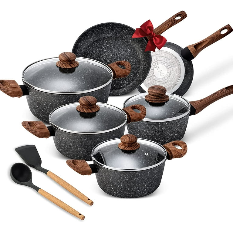 Nonstick Pots and Pans Set - VONIKI Induction Kitchen Cookware Sets with  Cookie Sheet, Baking Pan,Silicone Cooking Utensils Set, Granite Non Stick