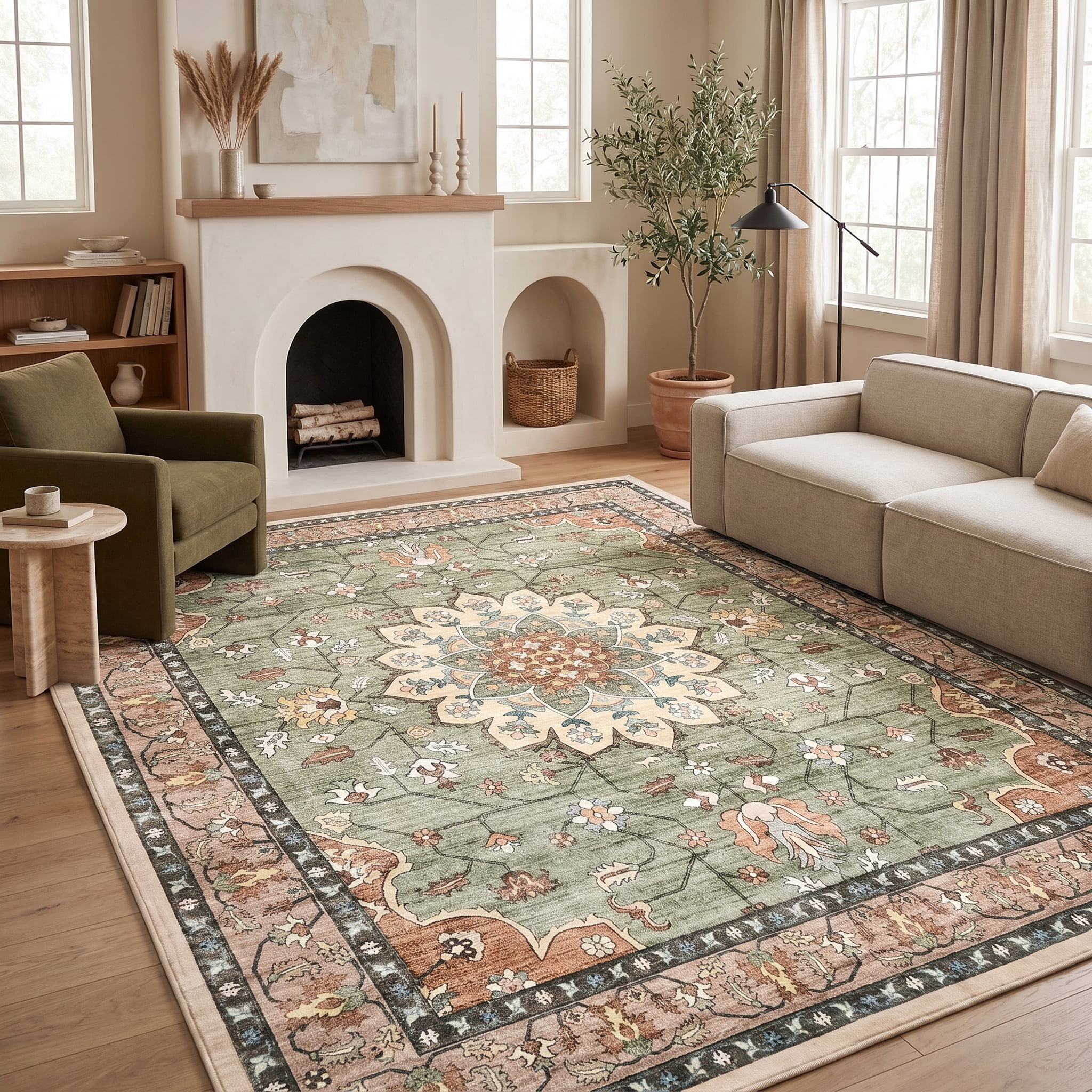 Prilinex 10'x10' Area Rug Living Room Rug, Large Washable Rug for Bedroom Dining Room, Vintage Floral Carpet Low Pile Distressed