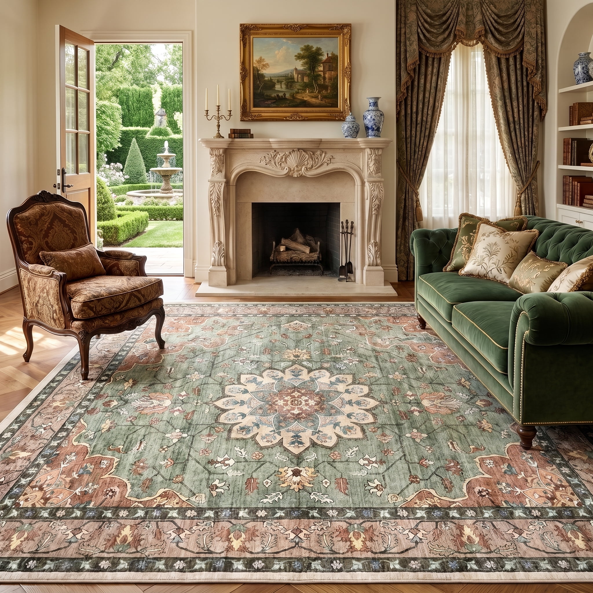 Prilinex 10'x14' Area Rug Living Room Rug, Large Washable Rug for Bedroom Dining Room, Vintage Floral Carpet Low Pile Distressed