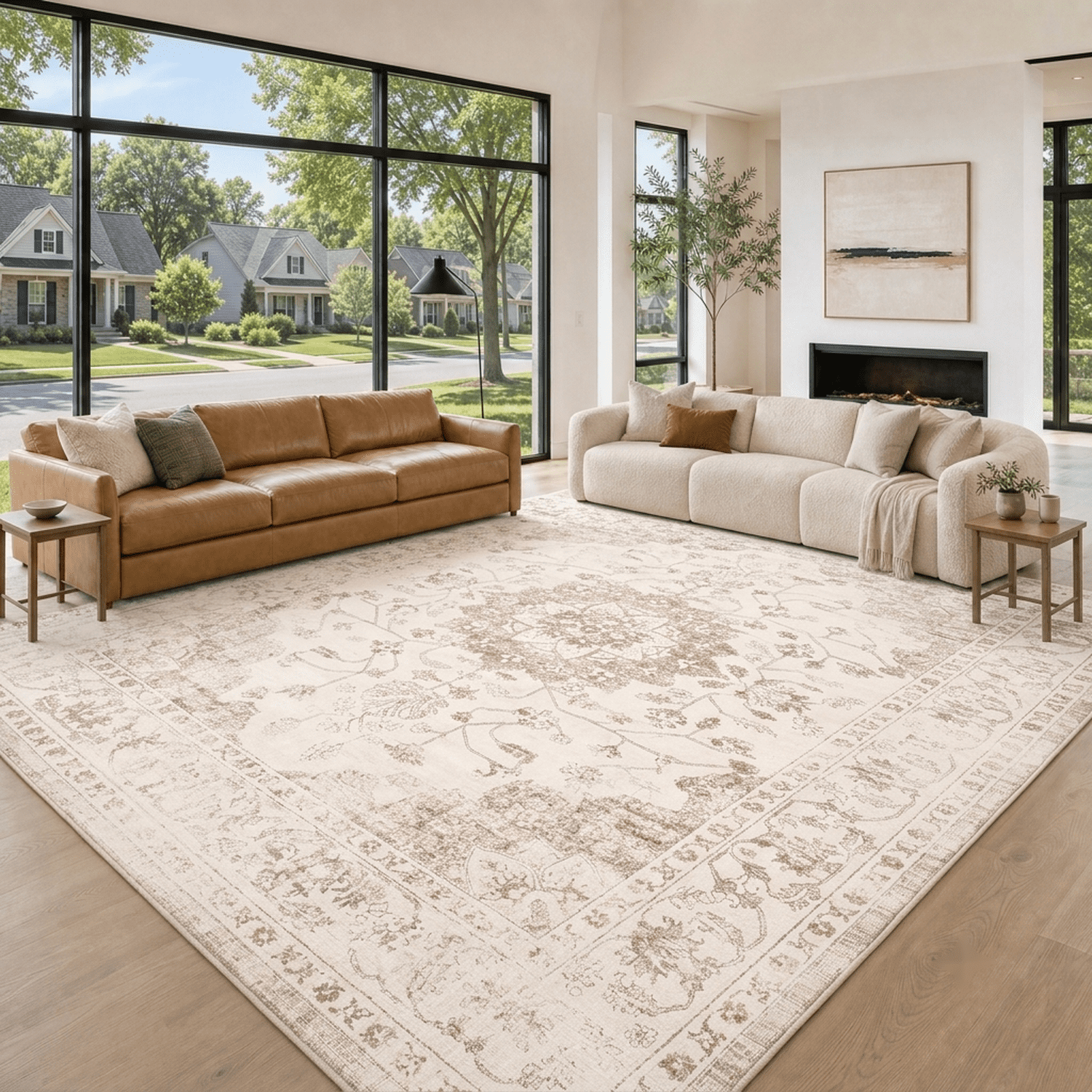 Prilinex 10x14 Area Rug, Washable Rugs for Living Room, Vintage Beige Carpet with Non-Slip & Stain Resistant, Farmhouse Soft Large Rugs for Bedroom Dining Room Kitchen