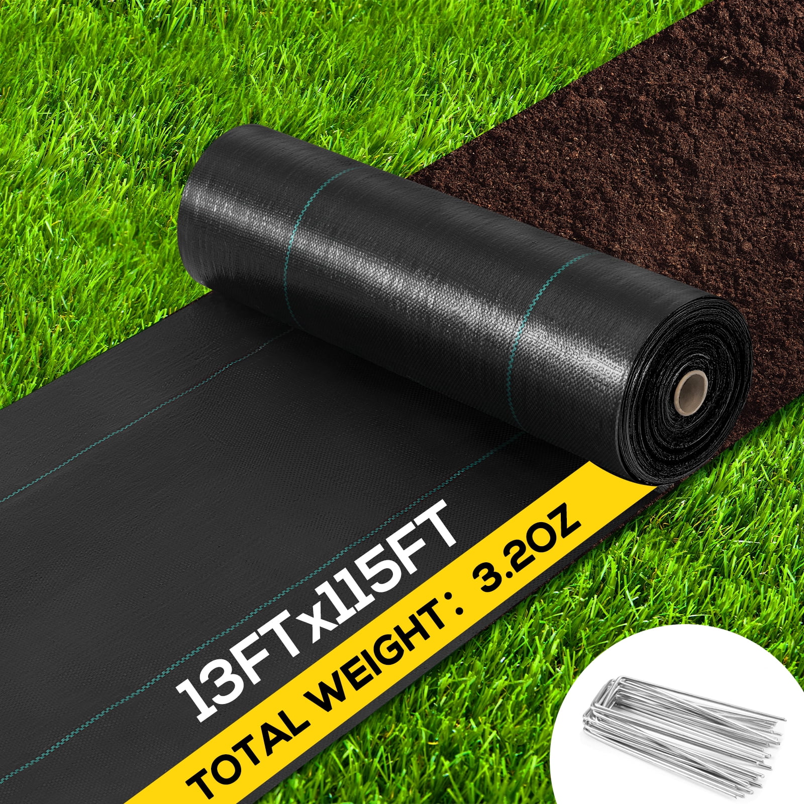 Prilinex 13FT x 115FT Weed Barrier Landscape Fabric, 3.2oz Heavy Duty Weed Control Mat with with 20 U-Shaped Securing Pegs for Garden Beds Driveway Underlayment Commercial Farming, Black