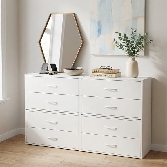 Prilinex 2-Drawer Dresser Set of 4, Stackable Wood Storage Chest with Anti-Tip, Modern Bedside Furniture & Nightstand for Bedroom, Closet Organizer, White Small Dressers