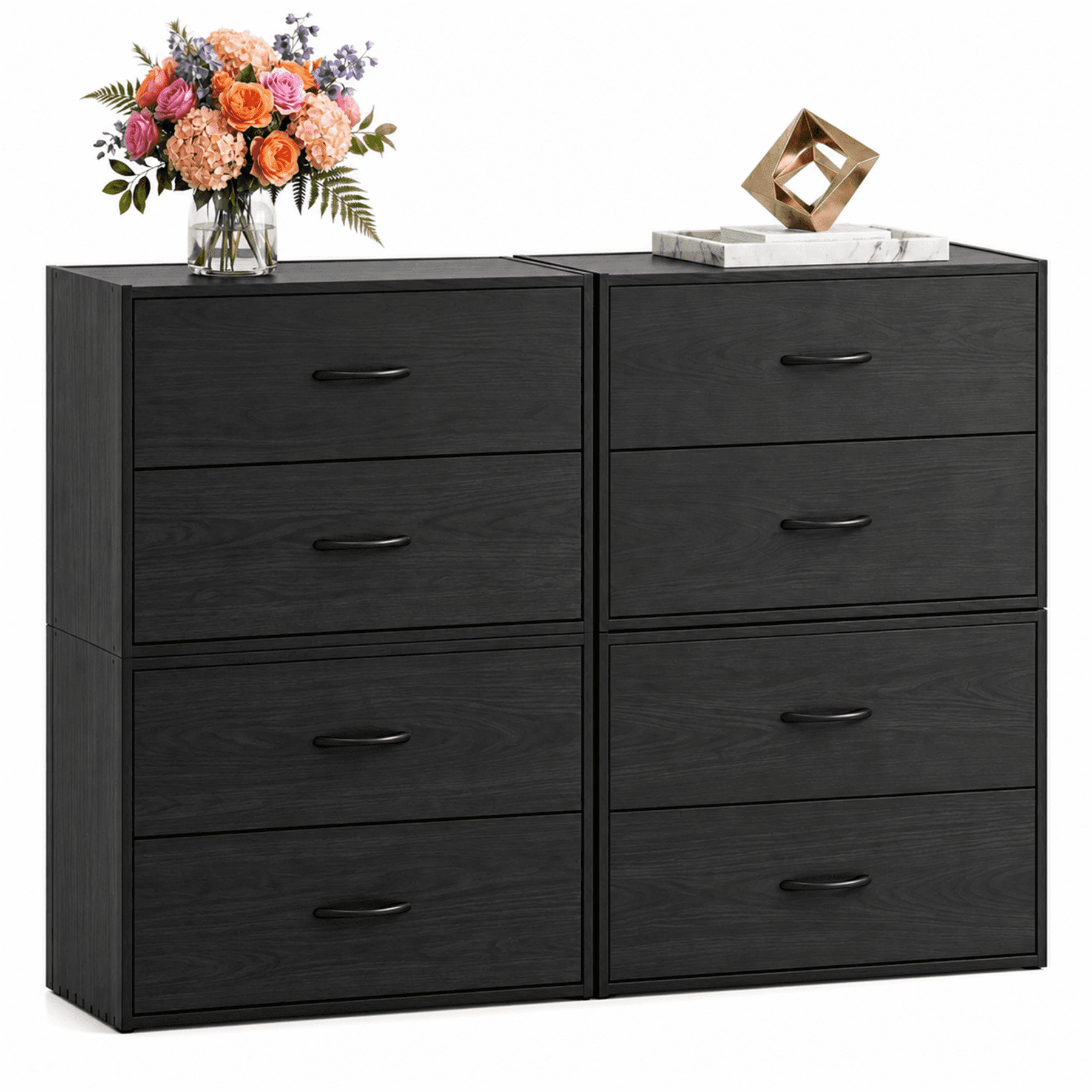Prilinex 2 Drawer Storage Organizer Set of 4, Stackable Short Closet Dresser for Clothes, Wood Drawer Dresser with Anti-Topping Kits for Bedroom Living Room, Black
