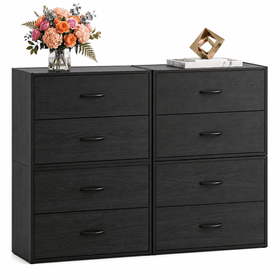Prilinex 2 Drawer Storage Organizer Set of 4, Stackable Short Closet Dresser for Clothes, Wood Drawer Dresser with Anti-Topping Kits for Bedroom Living Room, Black