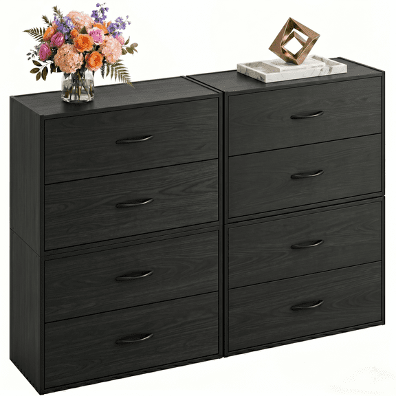 Prilinex 2-Drawer Storage Organizer Set of 4, Stackable Short Closet Dresser for Clothes, Wood Drawer Dresser with Anti-Topping Kits for Bedroom Dorm Nursery, Black