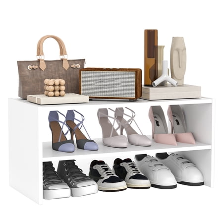 Prilinex 2-Tier Shoe Rack Organizer for Closet, Stackable White Shoe Shelf, Wooden Freestanding Shoe Shelves for Perfec, Entryway & Office, Holds 6-12 Pairs