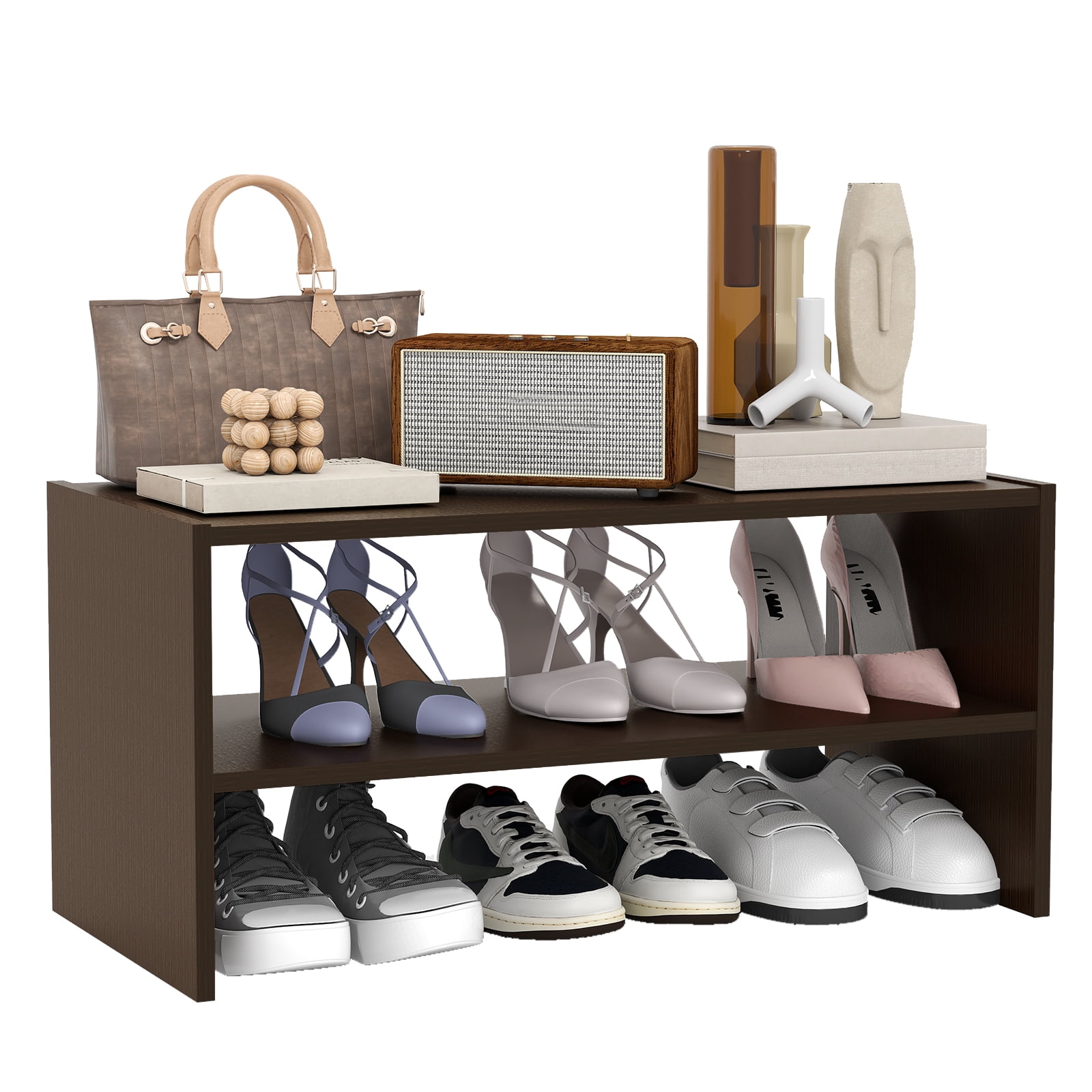 Prilinex 2-Tier Stackable Shoe Rack Organizer, Wooden Shoe Shelf for 6-12 Pairs , Freestanding Shoe Storage Stand for Closets, Entryway, Front Door & Office, Espresso