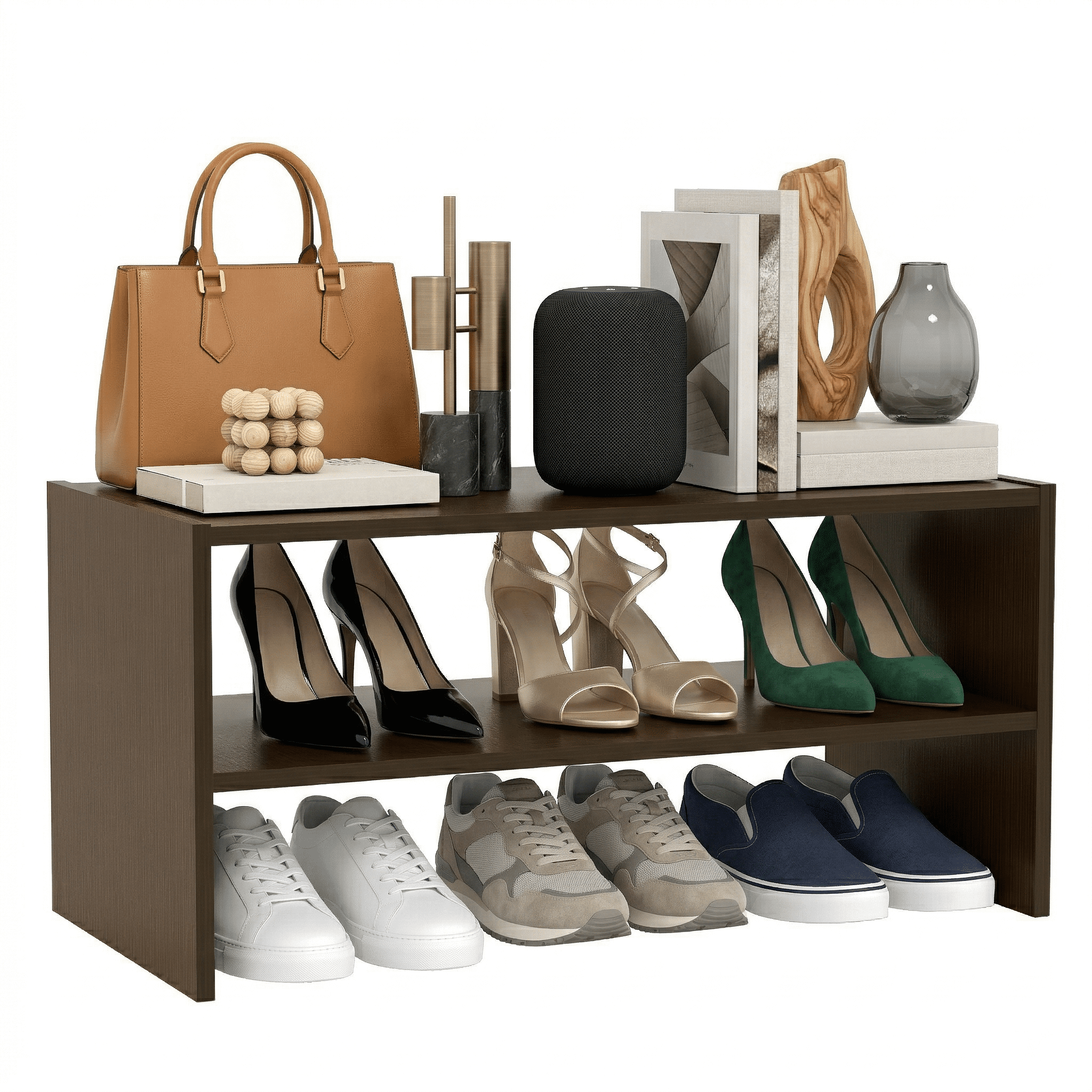 Prilinex 2-Tier Stackable Shoe Rack, Small Wooden Shoe Shelf Organizer, Freestanding Shoe Storage Stand for 6-12 Pairs for Entryway Closet Office, Espresso
