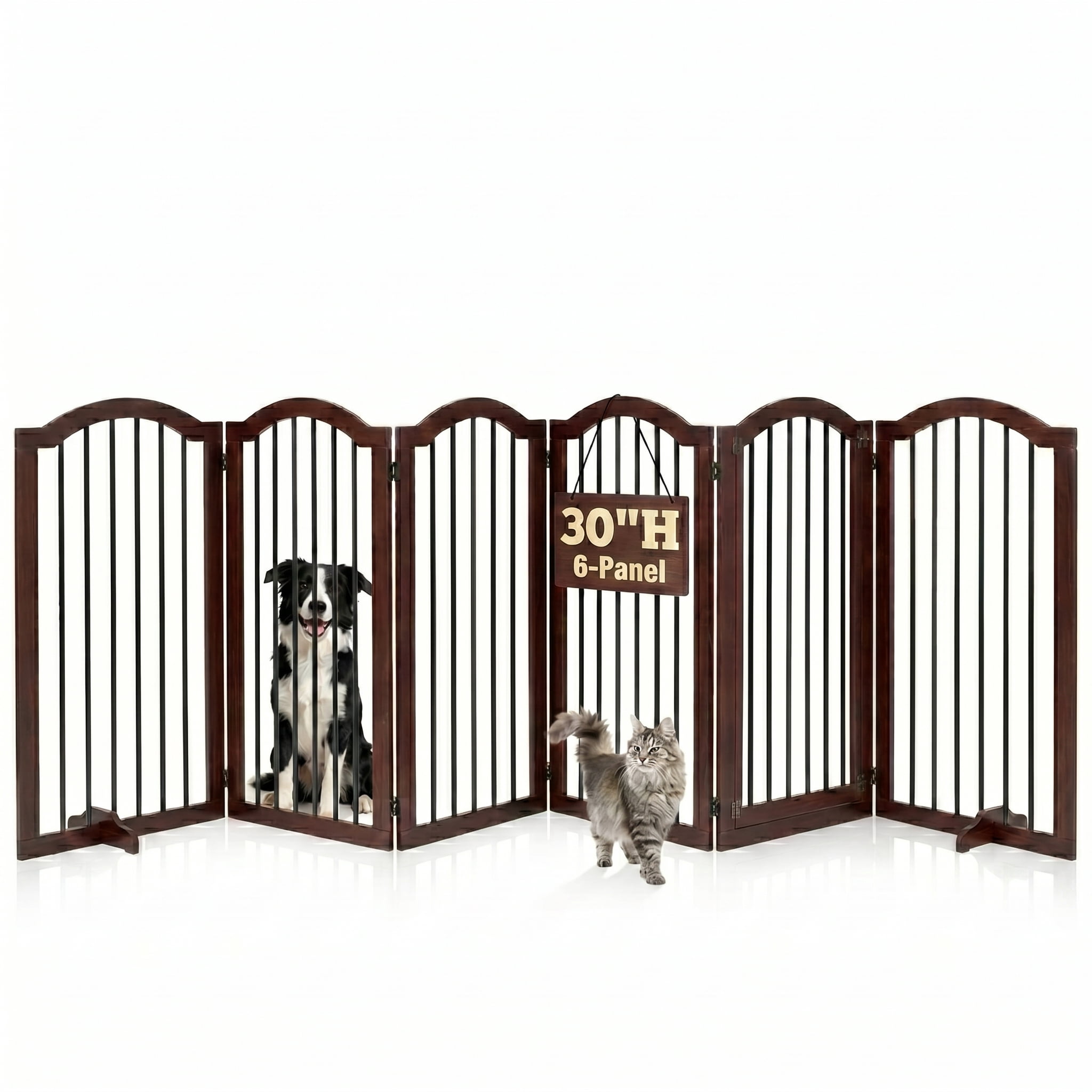 Prilinex 30″ Tall 6-Panel Dog Gate Freestanding, 144" W Foldable Dog Fence Pet Gate for Doorway Stairs, Brown