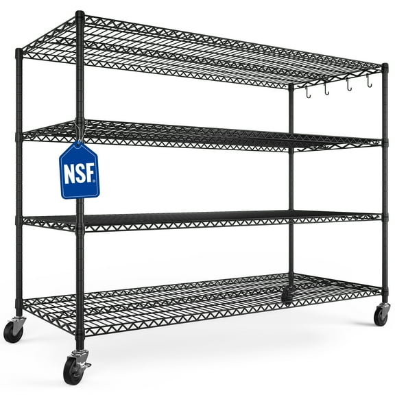 Prilinex 4 Tier Storage Shelves 55.5"W x 24"D x 76"H Metal Shelving with Wheels, Garage Shelving Heavy Duty Wire Shelves, Adjustable Storage Rack for Commercial, Pantry Shelf , Black